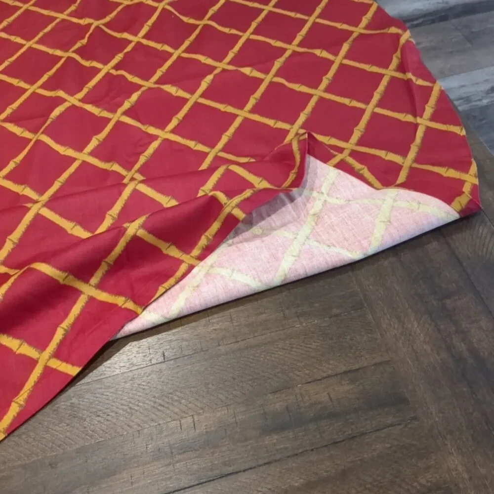 Vtg MCM Tablecloth Cotton 71” Round Cohama Pomp Ano Fabric Homemade Bamboo Rust
